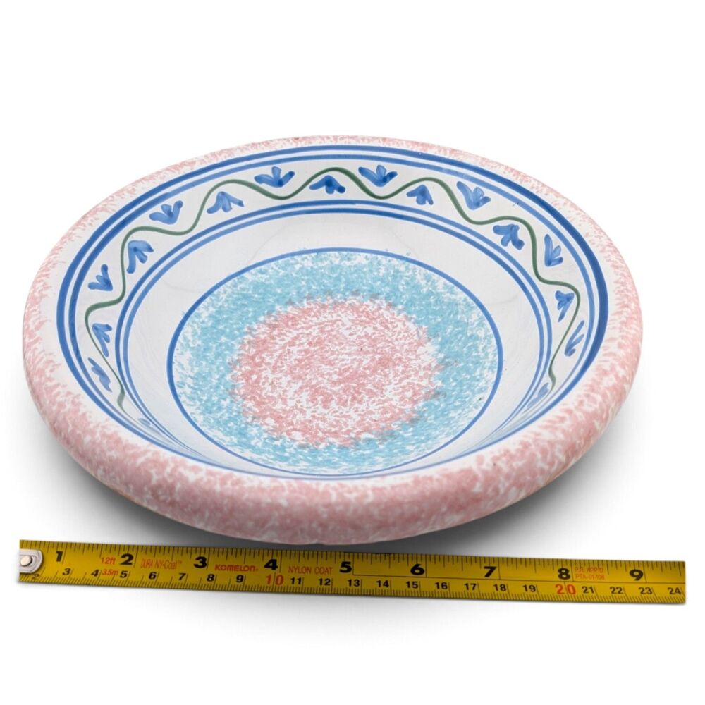 Vintage Hand Painted Ceramic Serving Bowl 9.25" Pink Blue Aqua Green Unmarked